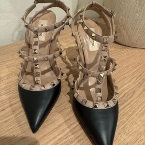 Valentino Black Pointed-Toe Rockstud T-Strap Pumps with Nude Trim